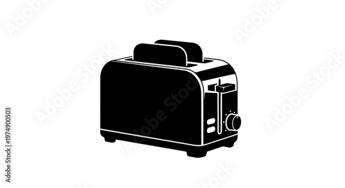 Modern black toaster with slots on a white background, kitchen appliance icon