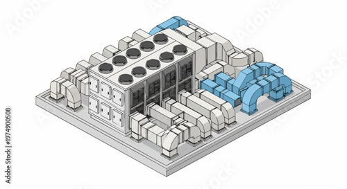 Isometric Illustration of Industrial HVAC System with Air Ducting and Ventilation Fans for Large Buildings or Data Centers