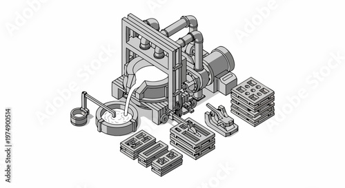 Isometric Foundry Factory Scene with Molten Metal Casting Process Line Art