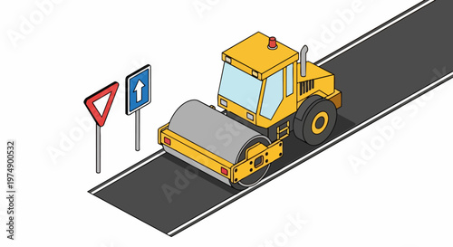 Isometric Vector Illustration of a Yellow Road Roller Paving a New Asphalt Highway with Road Signs