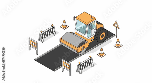 Isometric Road Roller on Construction Site with Barriers and Traffic Cones. 3D Vector Illustration of Heavy Machinery for Road Paving and Infrastructure Development.