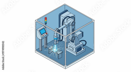 Isometric Robotic Welding Arm in Protective Industrial Cell for Automated Manufacturing