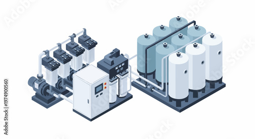 Industrial Water Purification and Filtration System Isometric 3D Illustration