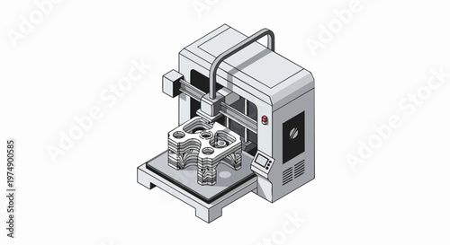 Isometric 3D Printer Printing a Complex Mechanical Part, Industrial Additive Manufacturing Technology Vector Illustration