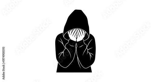 Person in hooded sweatshirt covering face, hands clasped in front, white background