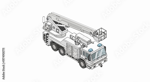 Isometric Aerial Boom Truck Illustration - Professional Emergency Service and Utility Lift Vehicle with Telescopic Crane and Work Basket on White Background