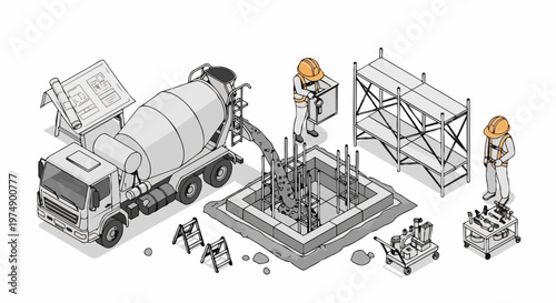 Isometric Construction Site Illustration with Concrete Mixer Truck, Workers and Foundation Building Process