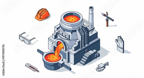 Metallurgy Steel Factory and Blast Furnace Isometric Illustration with Molten Metal and Safety Gear Icons