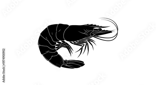 Black Shrimp Silhouette Isolated on White Background, Seafood Ingredient