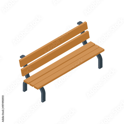An isometric illustration depicts a simple wooden park bench with dark gray metal legs high quality