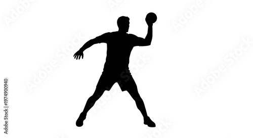 Silhouette of a man playing handball, throwing a ball, isolated on white background