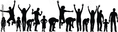 Black silhouette figures of diverse people standing, jumping, raising arms, and holding hands, symbolizing family, community, unity, diversity, and lifestyle energy on white background