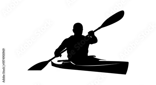 Silhouette of a kayaker paddling on white background, active lifestyle vector