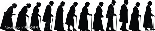 Black silhouettes of elderly people standing with canes, symbolizing aging, frailty, support, dependence, and passage of time in lifestyle and community themes