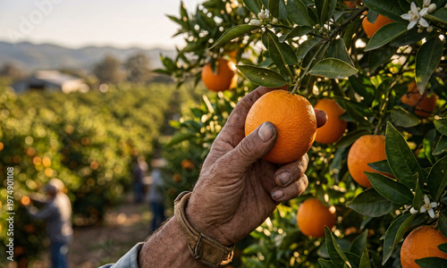 Fresh Orange Harvest in Orchard at Sunset with Farmer Hand Picking Citrus Fruit