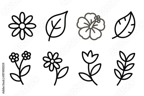 A collection of simple hand drawn floral outlines and leafy elements arranged on a white background