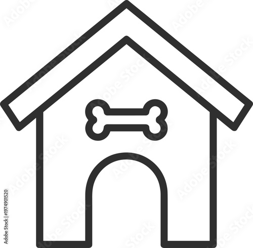 Dog house icon, pet kennel line art vector, minimal animal shelter symbol with bone, isolated black outline illustration for logo design