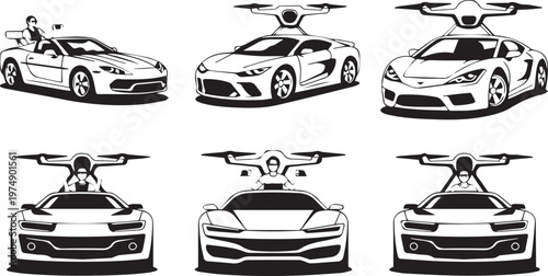 Concept illustrations of futuristic flying cars with various designs and configurations