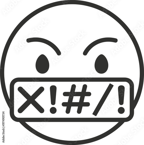 Angry Face with Symbols over Mouth, Swearing Emoji Icon, Cursing Expression Illustration, Mad Character Vector, Censored Profanity Outline Graphic Design