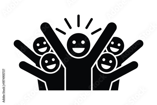 A group of stylized black figures celebrate with raised arms and smiling faces radiating joy