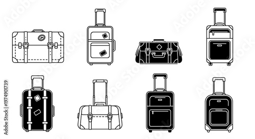 Collection of diverse luggage and travel bags featuring vintage suitcases and modern rolling carry ons presented