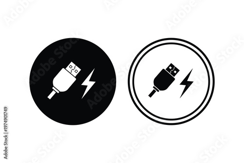 Two circular icons featuring a USB flash drive with a lightning bolt, one in black and white, the other in negative color scheme, symbolizing data transfer and technology.