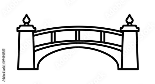 Classic arched garden bridge with decorative pillars and flame finials a simple black and white line drawing vector