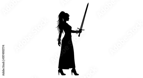 Silhouette of a powerful woman in a long dress holding a sword representing strength courage and female empowerment