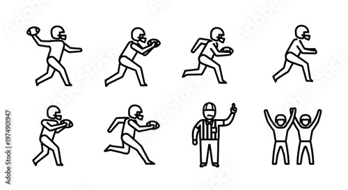 American football players in action poses with referee and fans stylized line art icons for sports and game graphics