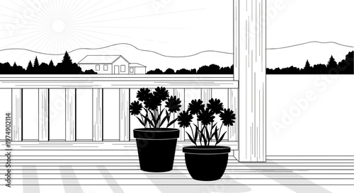 Two potted flowering plants on a wooden porch deck with a distant house and rolling hills under a clear sky tranquil