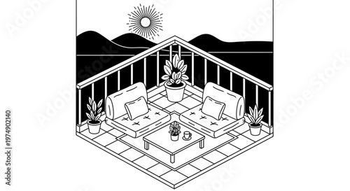 Cozy balcony seating area with plants and ocean view at sunset perfect for relaxation and outdoor living isometric