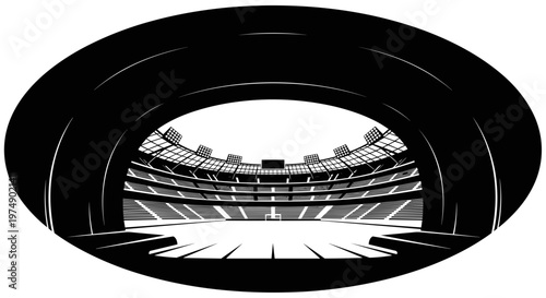 Vast empty stadium arena with tiered seating and bright lights wide angle perspective black and white silhouette