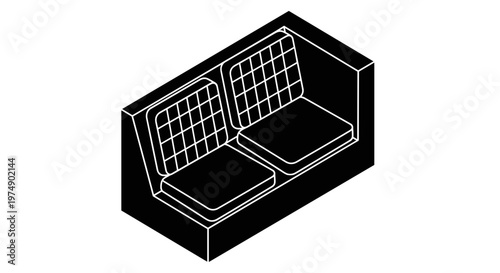 Modern minimalist black and white isometric illustration of a two seater sofa with textured cushions clean lines