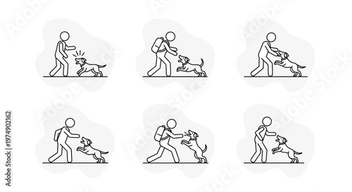 Six panel sequence depicting dog training steps showing positive reinforcement and obedience commands with a stick