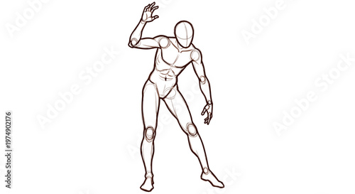 Expressive sketch of a stylized human figure in a dynamic pose illustrating movement and form with bold contour lines