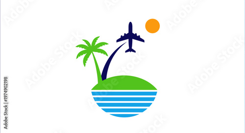 Tropical island getaway with airplane flying over blue ocean waves and a bright sun representing vacation and adventure