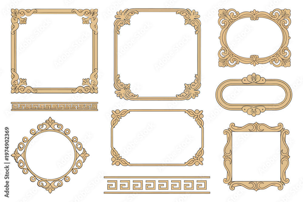 Obraz premium An assortment of ornate golden frames and decorative borders are displayed on a white background