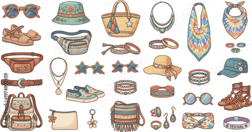 Large collection of boho style clothing and accessories for summer events