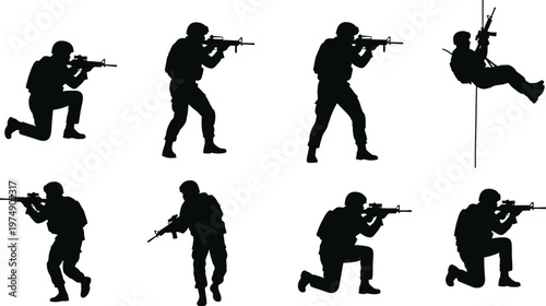 Military silhouette icon set vector graphics of soldiers in combat tactical operations warfare illustrations