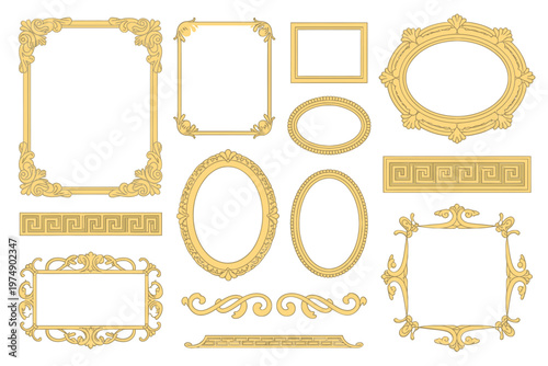 An assortment of ornate golden frames in various shapes and sizes on a white background