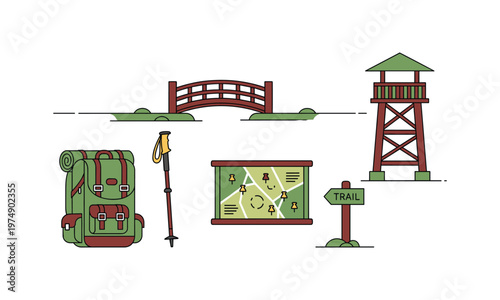 Scenic hiking trail with essential outdoor gear and landmarks