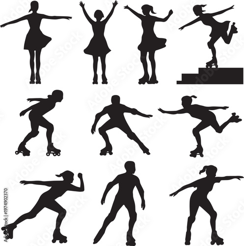 Elegant ice skating poses and triumphant moments in silhouette art