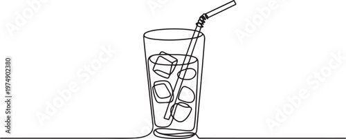 Glass of water with ice, old drink with a straw for drinking. One line draw graphic design vector