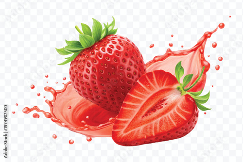 realistic fresh strawberry with red juice splash isolated on transparent background	
