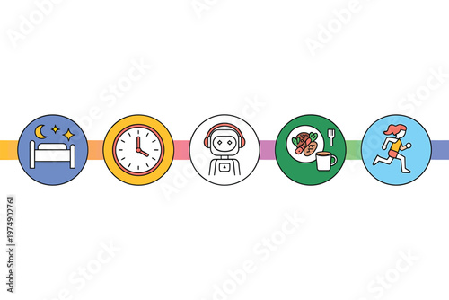 A colorful illustration depicts five circular icons representing daily routines sleep time music food and exercise