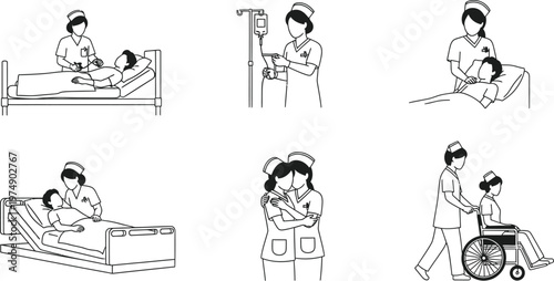 Nurse Day Patient Care Illustrations for Hospital Nursing and Healthcare Vector