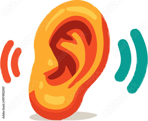 A colorful, minimalist illustration of an anatomical ear with sound waves on either side against a pure white background