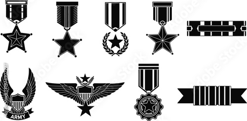 Military awards icon set black and white medal collection for valor achievement and service recognition designs