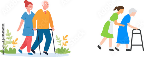 A nurse assists an elderly person using a cane in a serene outdoor setting with lush greenery and vibrant flowers