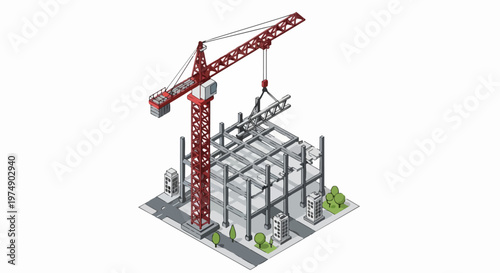 Isometric Construction Site Illustration with Red Tower Crane and Building Steel Frame